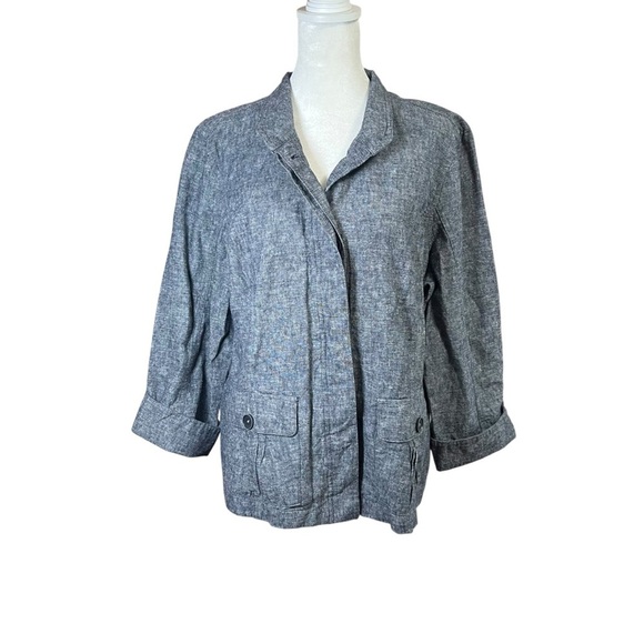 Women’s Linen Blend Blue Chambray Topper Shirt Jacket Shacket Sz L Boxy Classic - Picture 6 of 11